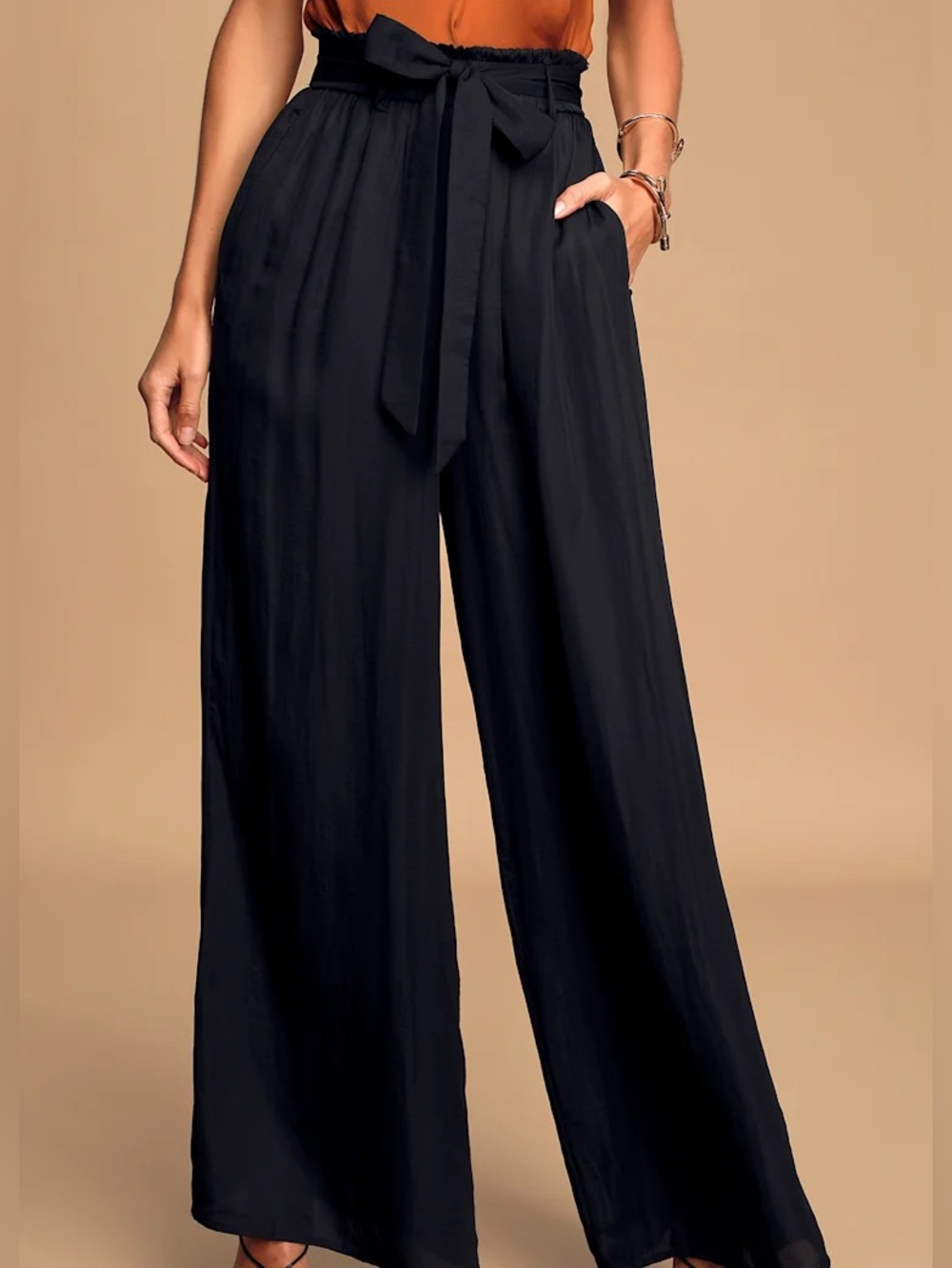 Lulu's Black Wide-Leg Paperbag Waist Pants with Tie